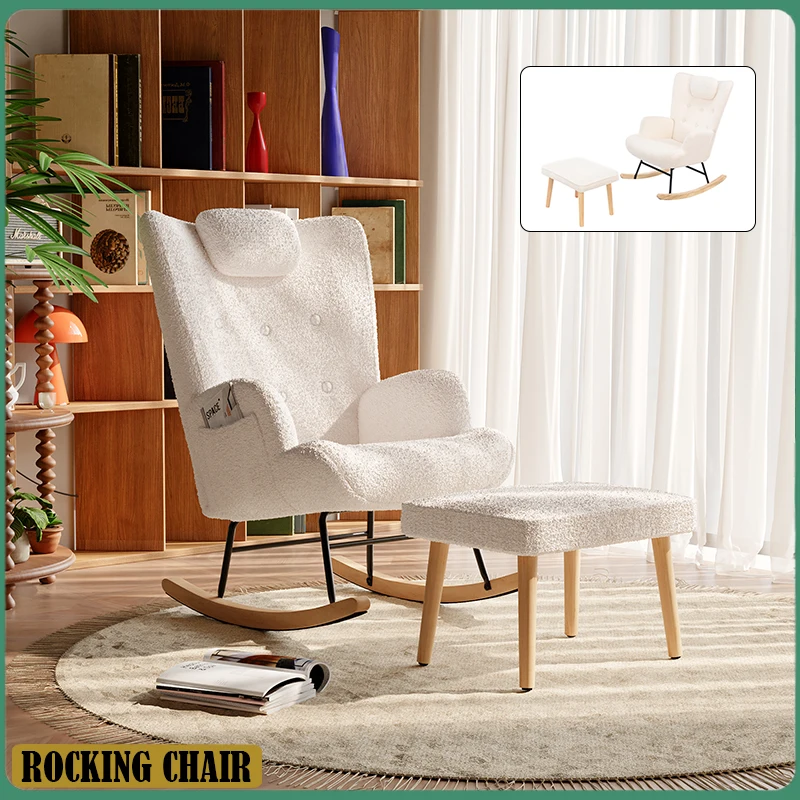 Anajqaqia Rocking Chair, Living Room Lounge Chair with Footstool, Headrest and Pockets, White Teddy Fleece Fabric