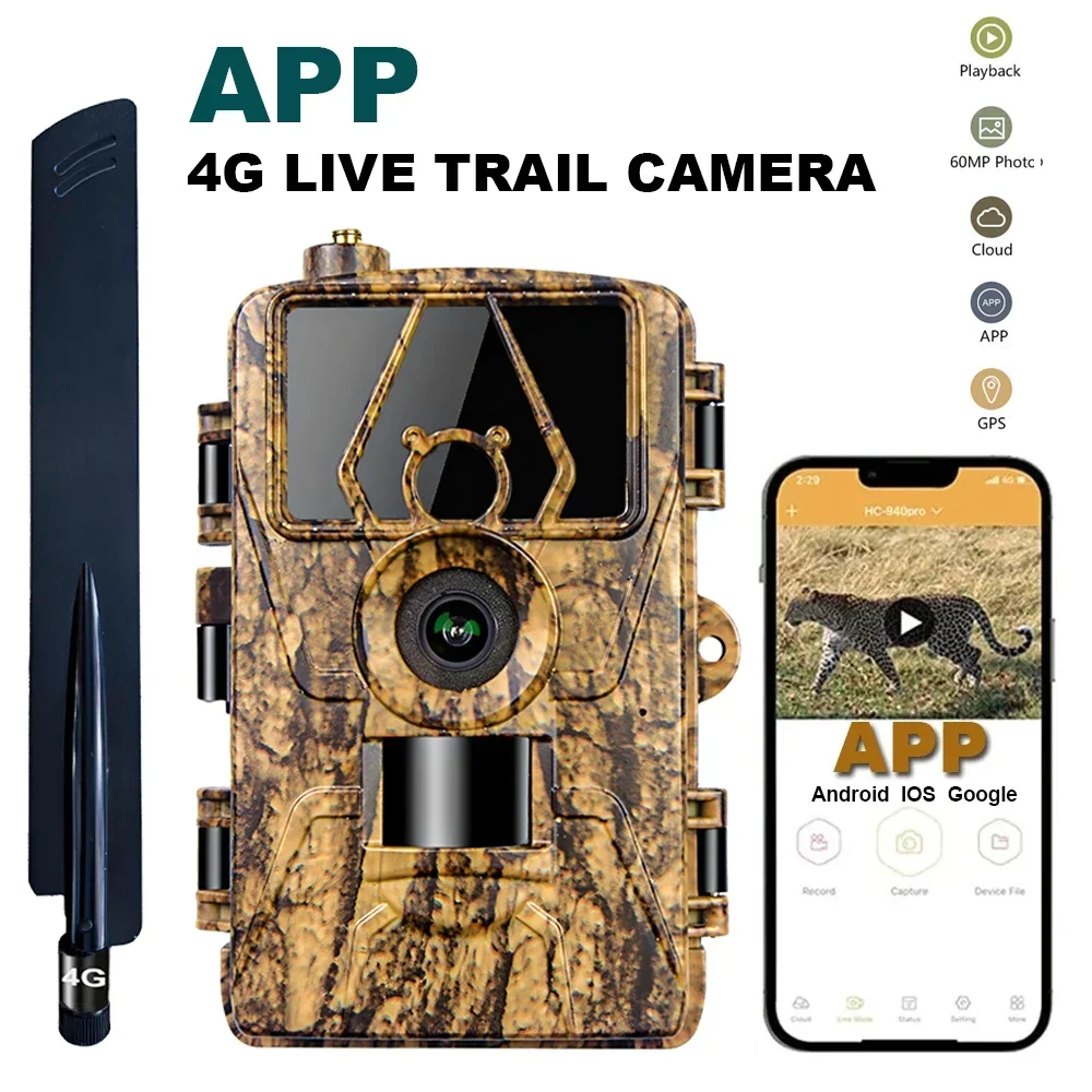 4G LIVE Trail Camera APP Controllo Visione notturna IR Trappola da caccia Telecamera HD 60MP 8K con SIM Card Mobile Wildlife