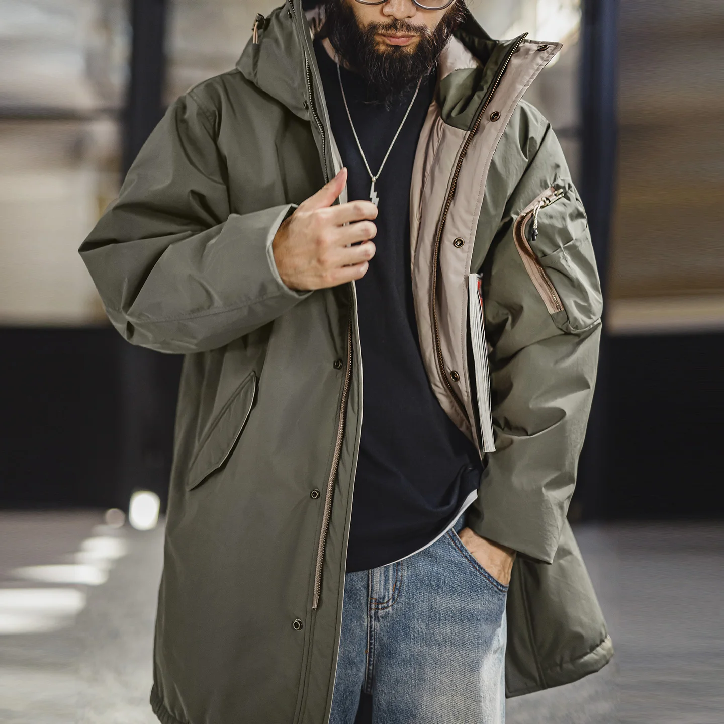 Maden Vintage Men's M-51 Fishtail Parka Mid-Length White Duck Down Filling Jacket Water-Resistant Warm Trench Coat for Winter