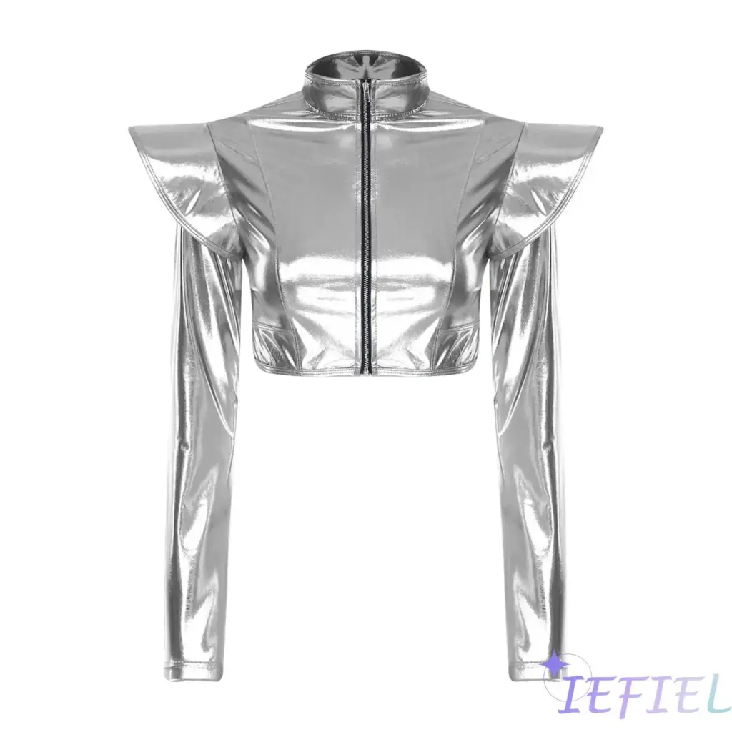 Womens Metallic Disco Jazz dance Crop Jacket Long Sleeve Structured Shoulder Boards Front Zipper Crop Top for Club Raves Party