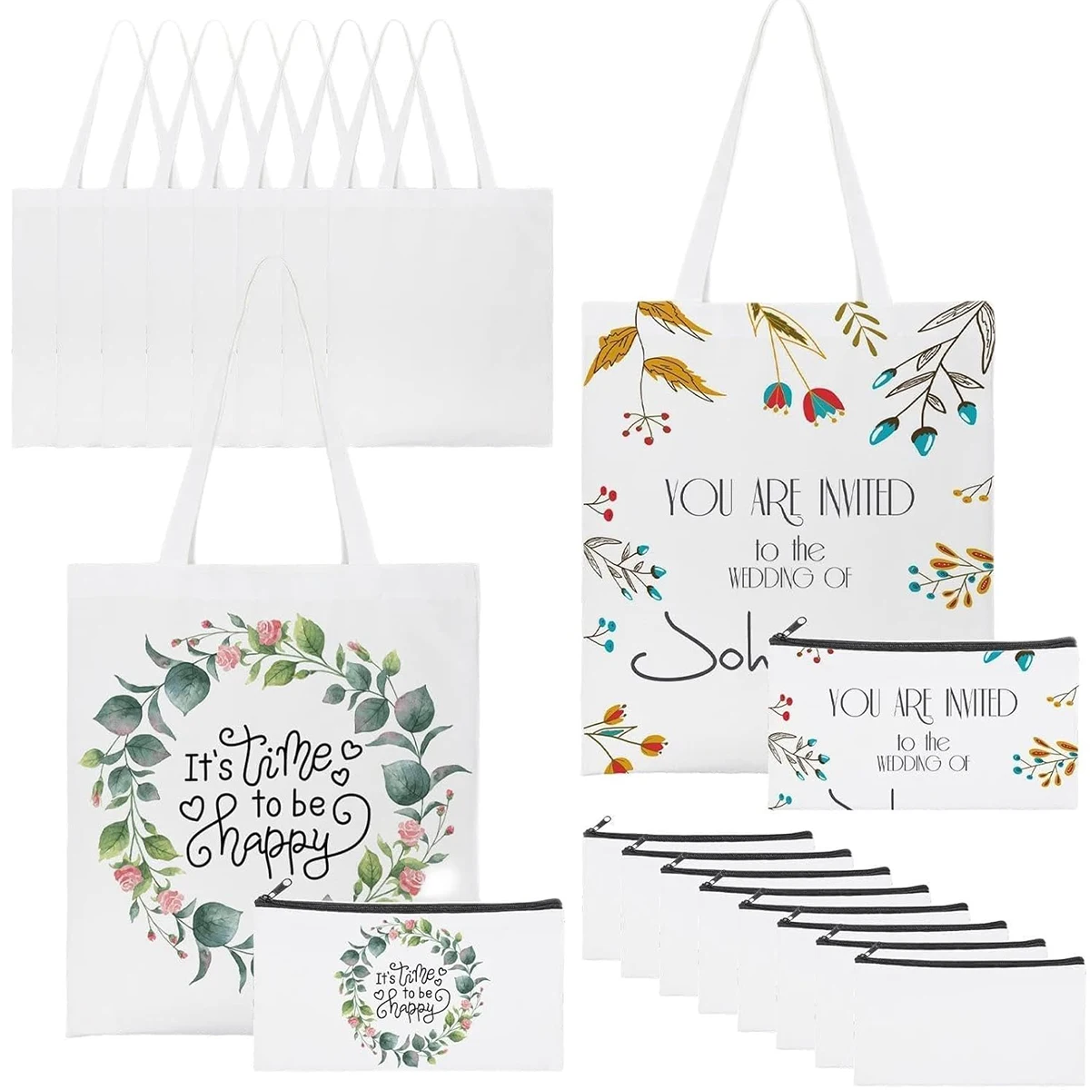 DIY White Sublimation Tote and Cosmetic Bag Pencil Case- Reusable Canvas Grocery Bag with Zippered Makeup Pouch