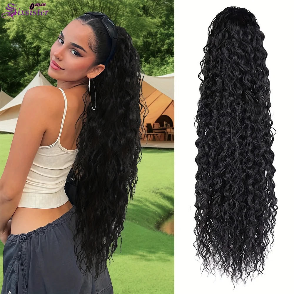 26 Inch Curly Ponytail Extensions Deep Wave Clip In Drawstring Ponytail Human Hair Clip In Thick Ponytail Hair Natural Black 1B