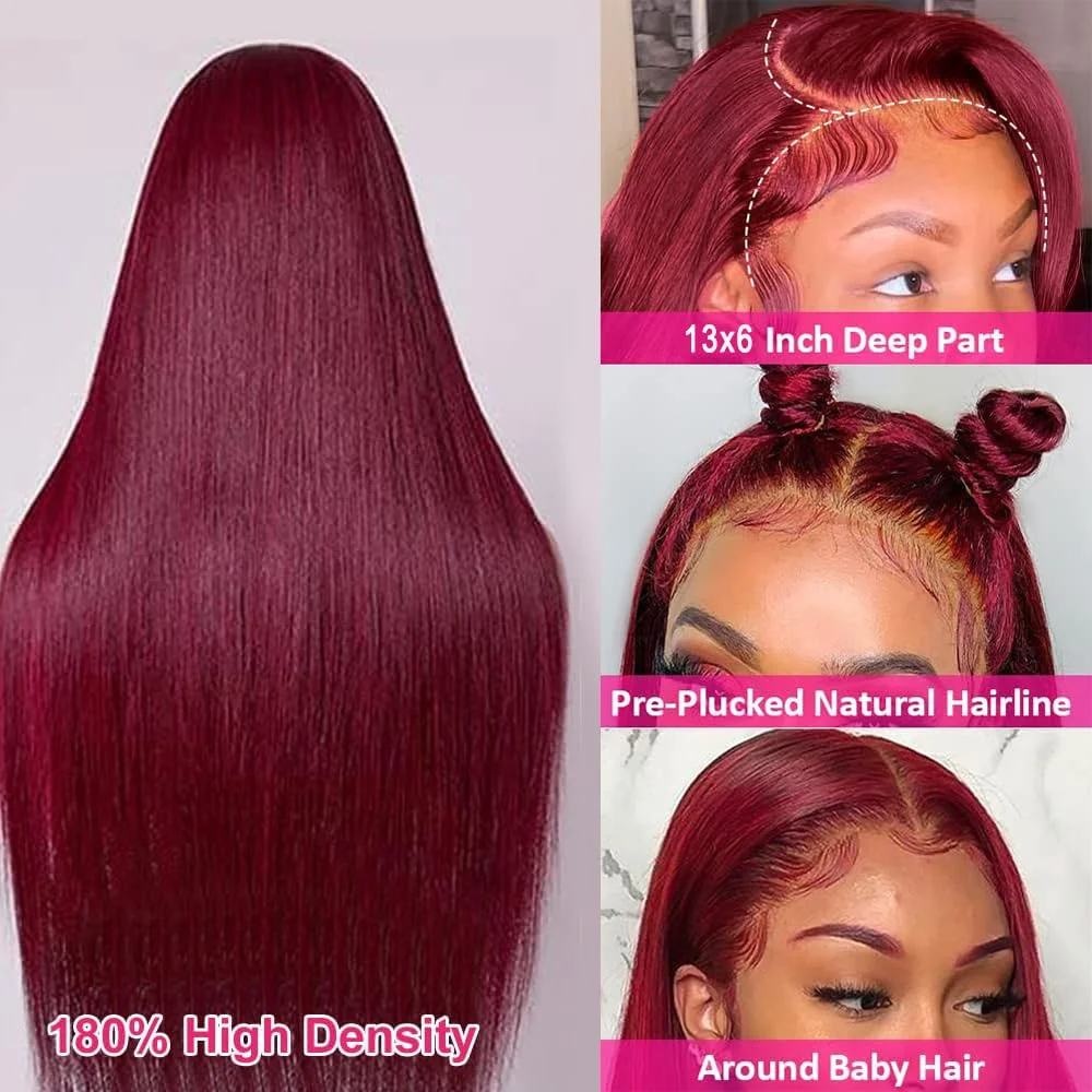 30 36 Inch Burgundy Red Lace Front Human Hair Wigs Colored Red 13x6 HD Lace Frontal Wig Human Hair 250% Lace Front Wigs on Sale
