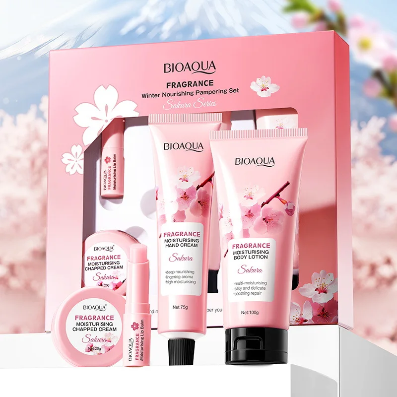 4pcs/set BIOAQUA Sakura Skin Care Sets Moisturizing Cream for Body Hand Cream Lip Balm Body Lotion Anti-Aging Skin Care Kit