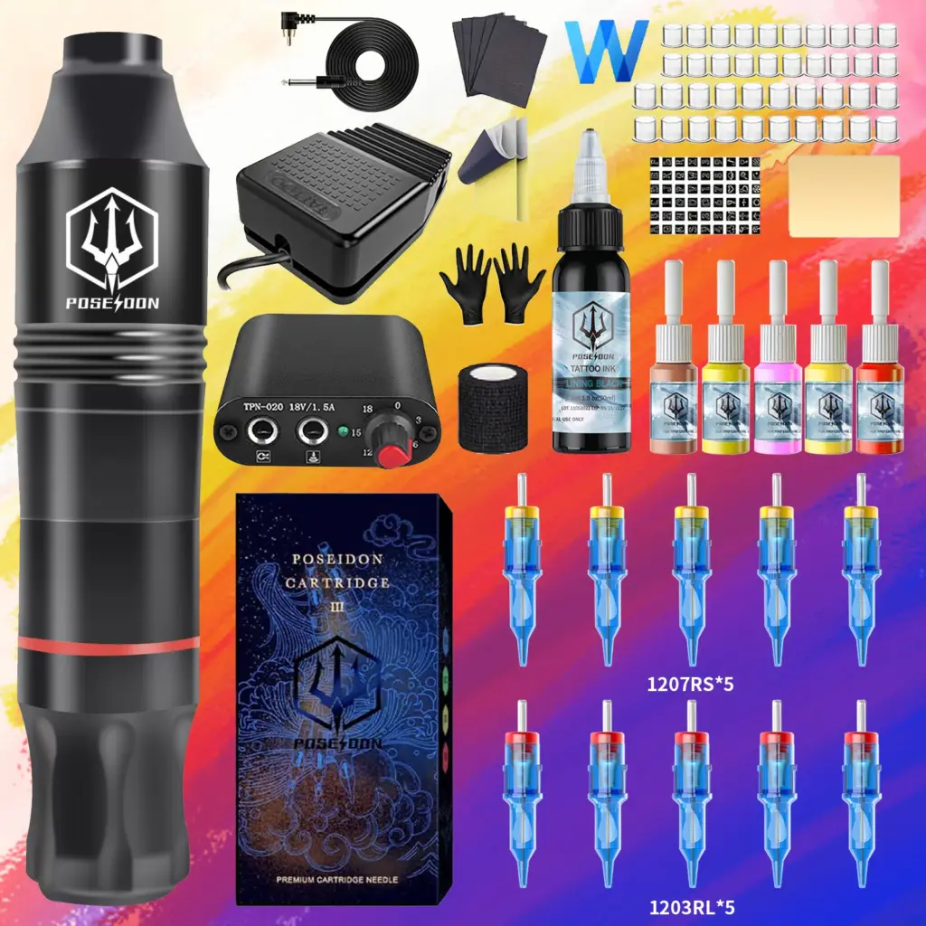 Tattoo Kit POSEIDON Black Tattoo Pen Kit For Permanent Makeup Tattoo Machine Kit High Quality Tattoo Power Supply Tattoo Gun Kit
