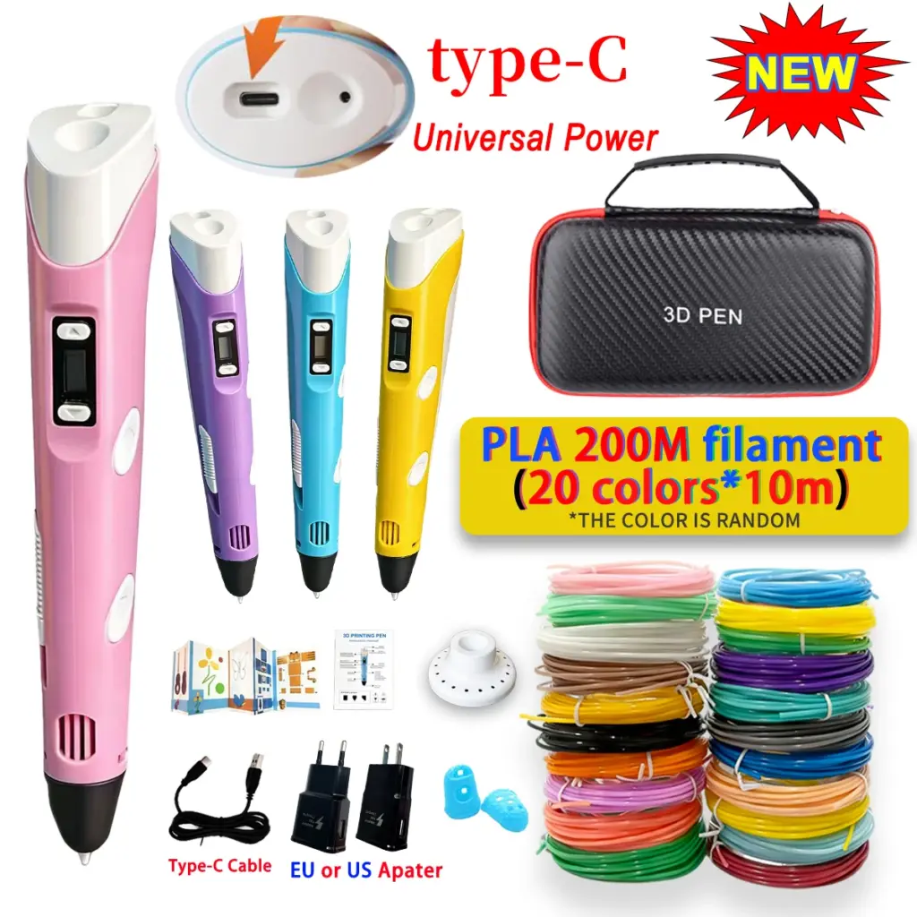 Upgraded 3D Pen 3D Printing Pen Children DIY Drawing Pens Kids Birthday Gift Type-C Cable Power Adapt PLA Filament Travel Case