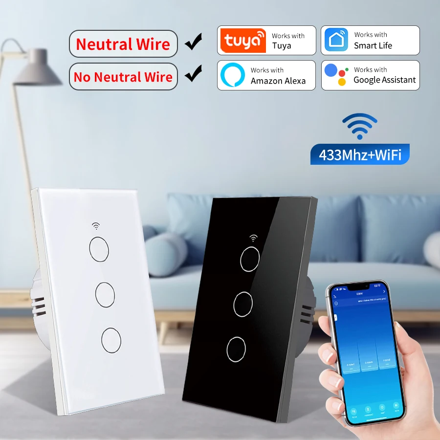 Tuya WiFi Smart Light Switch APP Remote Control US 1/2/3/4 Gang No Neutral Wire Required Touch Panel Switch Alexa Google Home