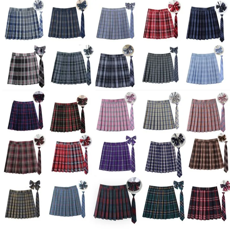Women Summer Plaid Pleated Skirt With Necktie Bowtie Korean Jk Skirt Uniform Japanese School Preppy A Line Mini Skirts