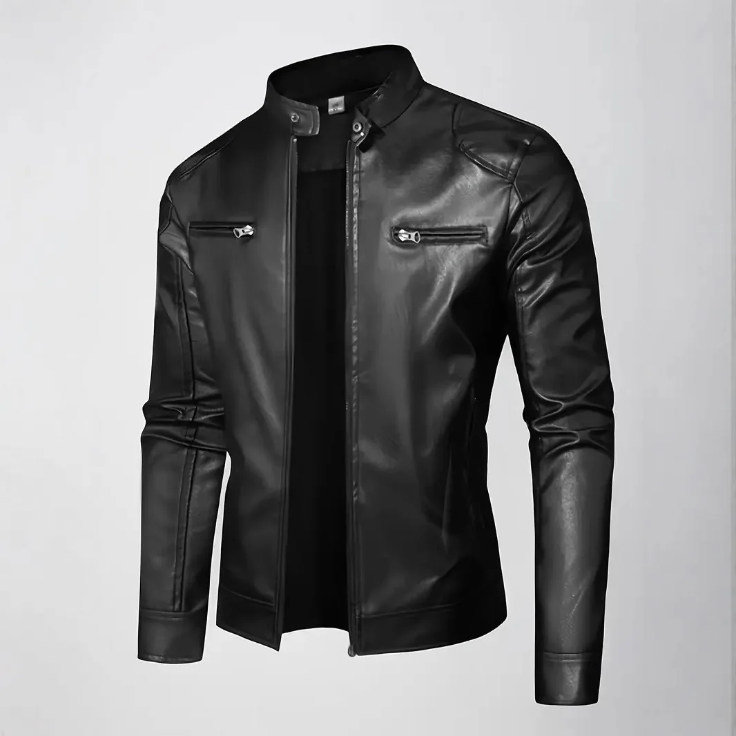 Men's Slim Fit PU Leather Jacket Zipper Cardigan Decorative Pockets Business Casual Lightweight Spring Autumn Winter Coat