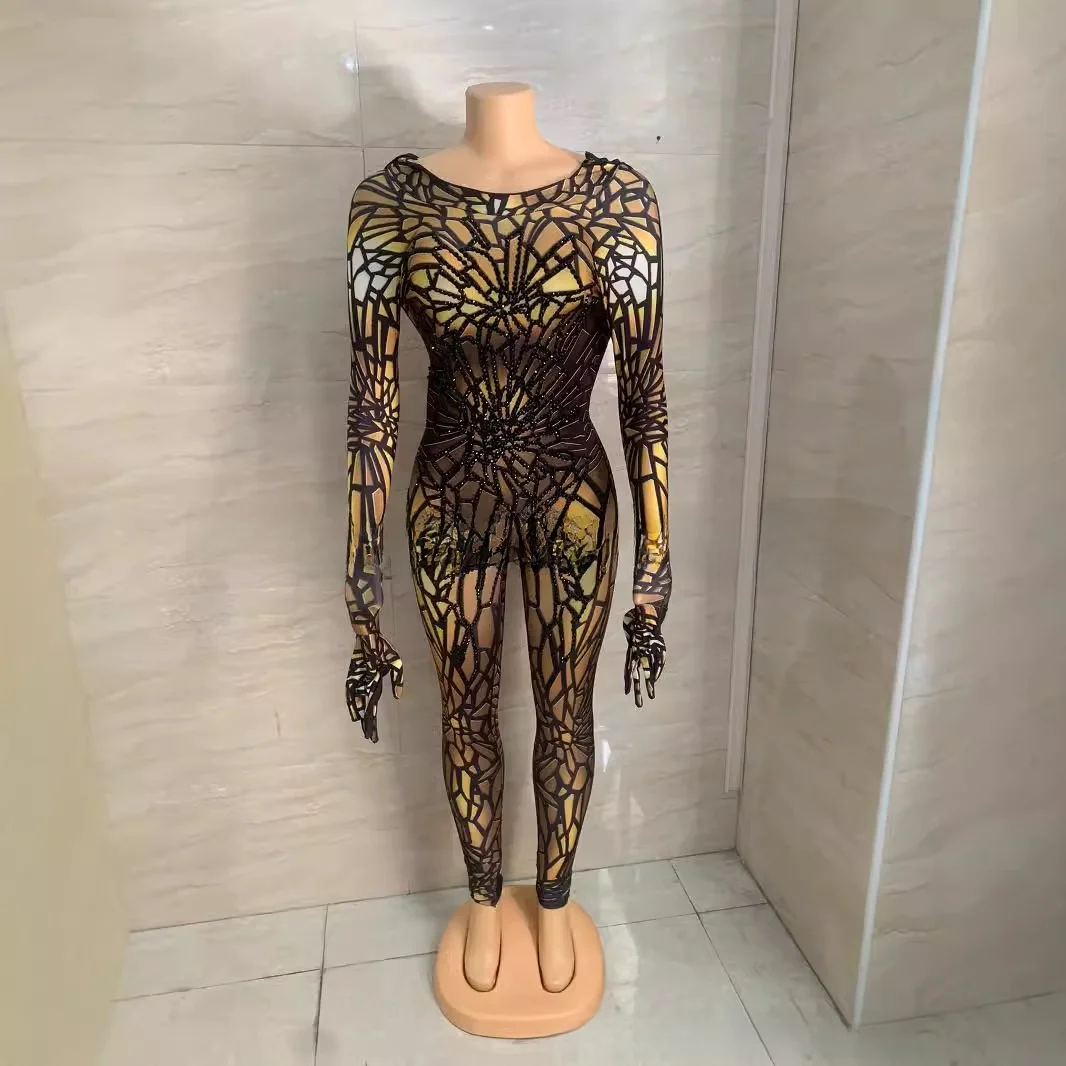 Gold And Silver Printed Performance Suit for Women Nightclub Bar Gogo Dance Team Long Pants Elegant Stage Costume