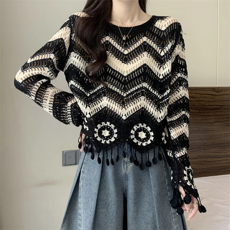Zig Zag Crochet Sweater Tassel Details Long Sleeve Open-stitch Knit Top Pullover for Women Teen-girl Boho Vacation Outfit