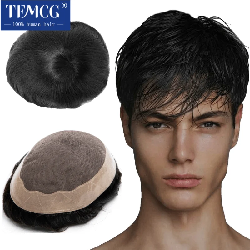 Men Wig Human Hair Toupee Mono Male Wig 130% Density Durable Male Hair Prosthesis Toupee Men 6" Hair Replacement System For Men