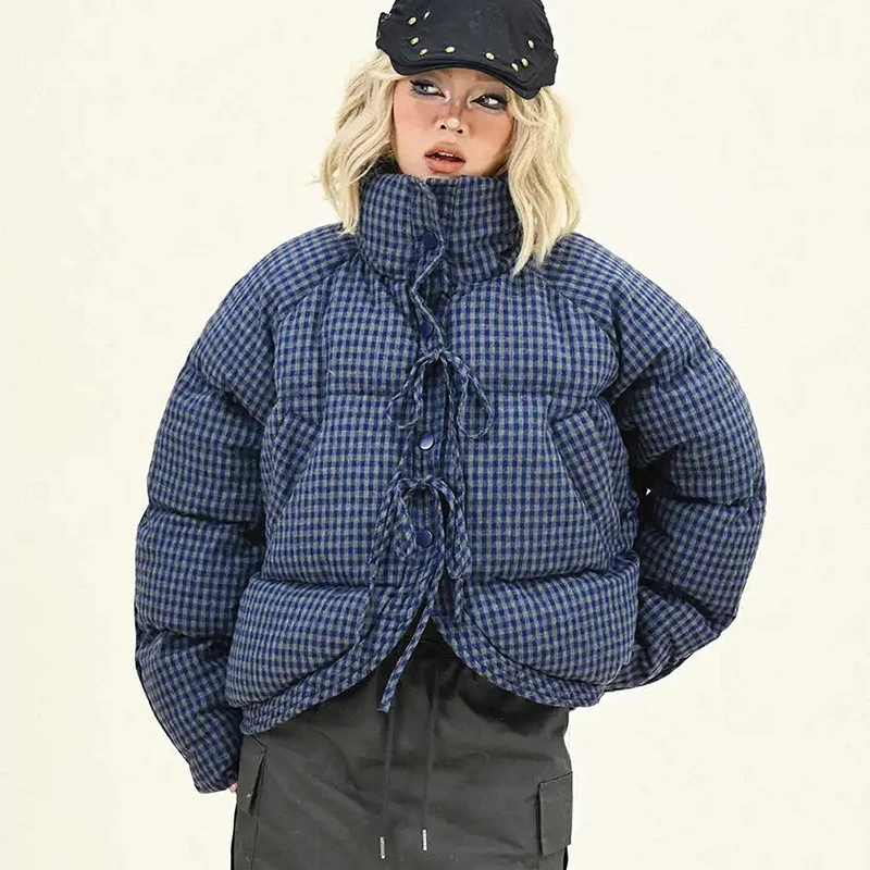 Retro plaid Lace Thickened Short Parkas For Women American Autumn And Winter Fashion Korean Style Loose Casual Button Jackets