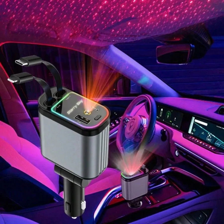 66W Fast Car Charger with Starlight, 4 in 1 Retractable Car Charger, 2 USB Ports, For iPhone 6-17 and Android, For 12-24V Car