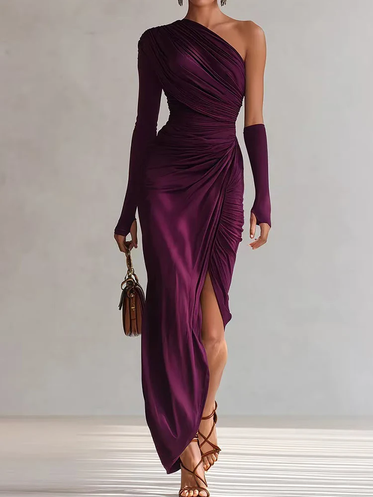 Spring Summer Skew Collar Solid Maxi Dress, Women Holiday Fashion One Shoulder Party Dress, 2026 Elegant Patchwork Ladies Dress