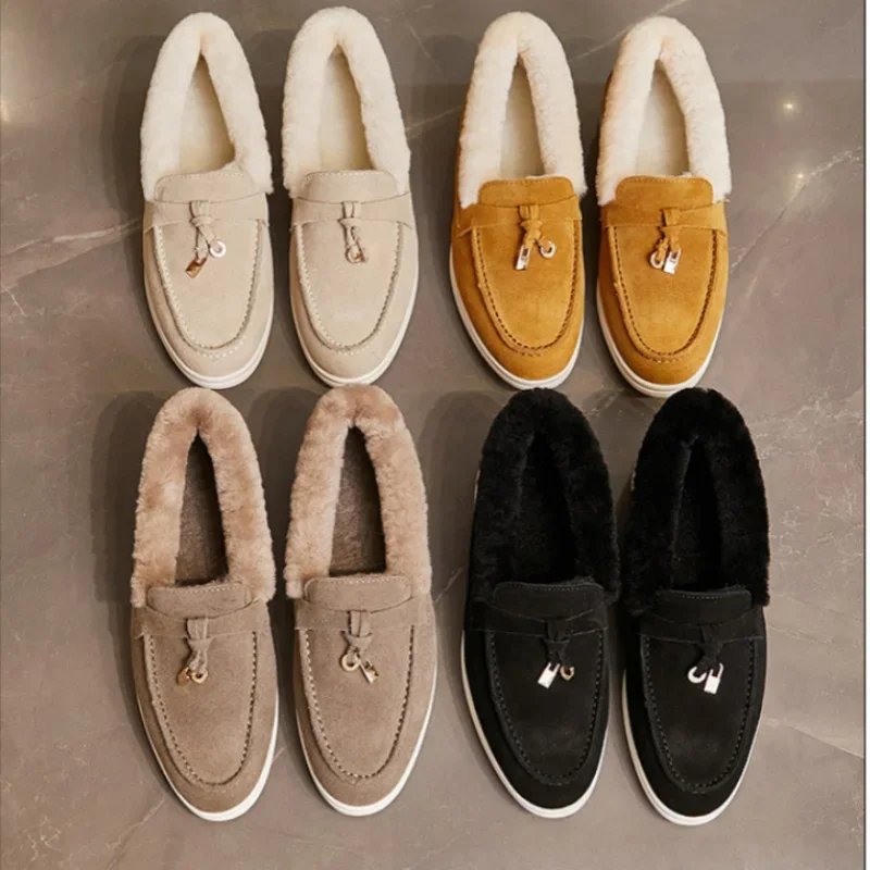 Genuine Leather LP Penny Loafers Women's Flat Bottom British Style Large Size Lazy Shoes round Toe Leather Slip-ons