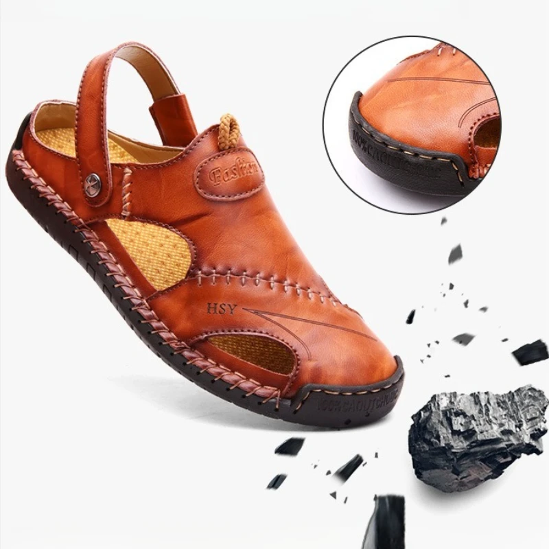 Men's Leather Sandals Breathable Handmade Closed-Toe Summer Shoes 2-in-1 Slip-On Casual/Beach Trendy Footwear Cowhide Comfort