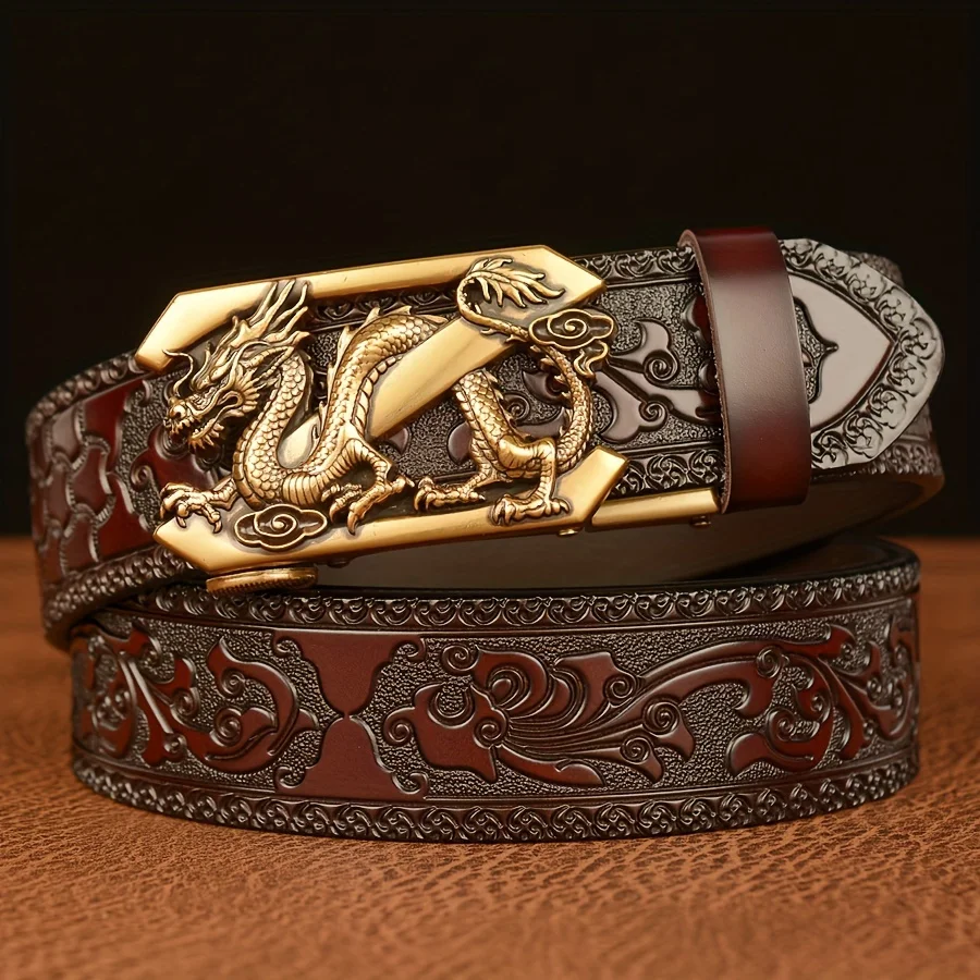 Men' Vintage Automatic Buckle Belt Genuine Leather with Golden-Tone Dragon & Floral Embossed Design Black Casual Belt for Jeans