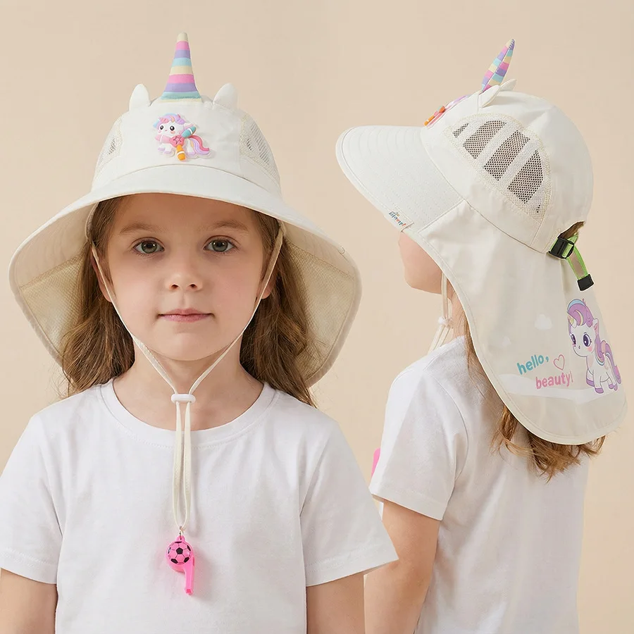 5-10YBaby hat - Summer breathable mesh wide brimmed sun protection children's sun hat for boys and girls, neck covering hood cap