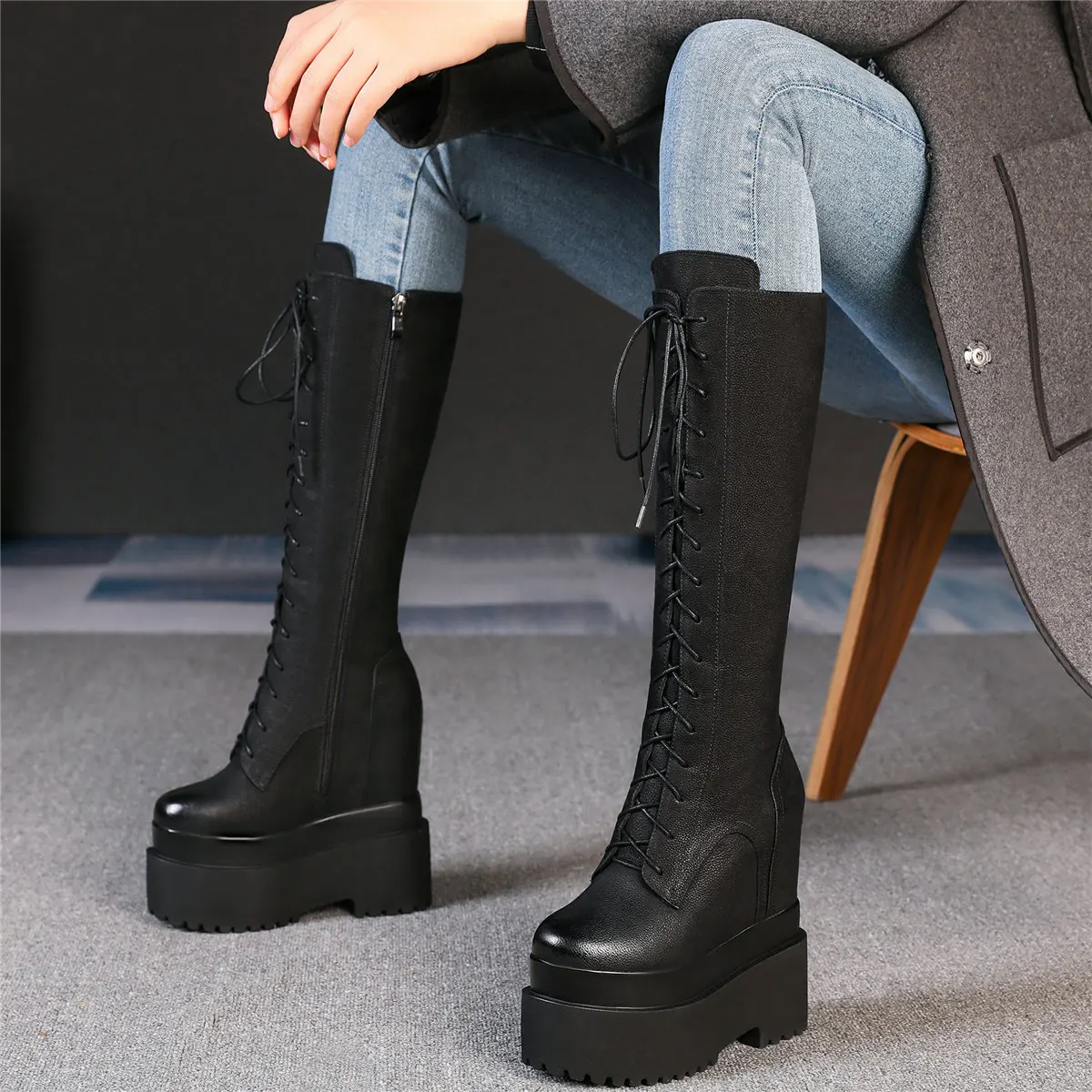 Winter Platform Pumps Shoes Women Retro Genuine Leather Wedges High Heel Snow Boots Round Toe Fashion Sneakers Casual Shoes