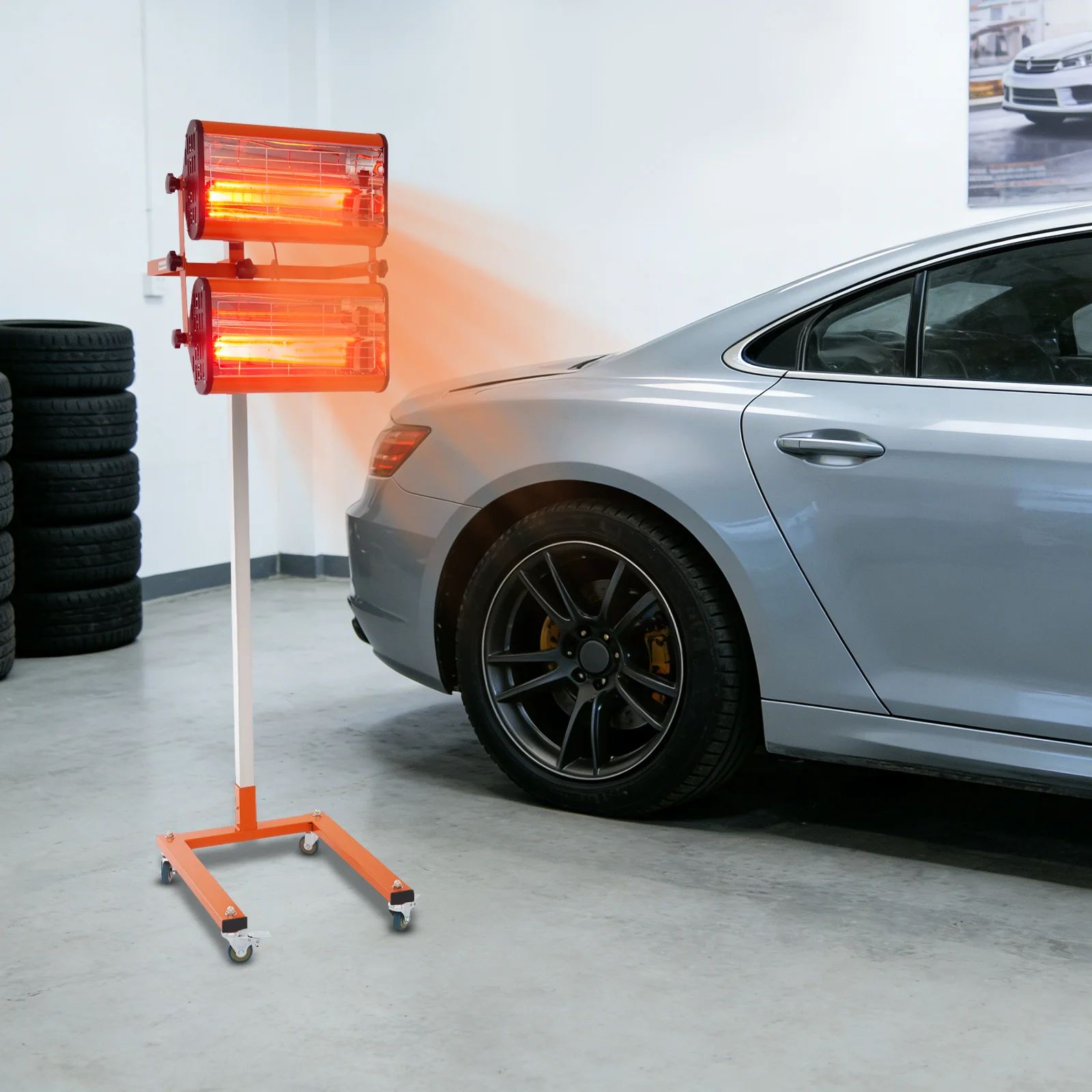 2KW Infrared Radiator Paint Dryer,360° Rotation Dual Infrared Heating Lamp Head with Stand & Wheels for Wood/Paint Drying Curing