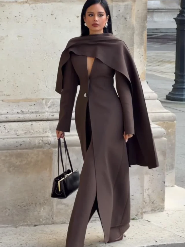 Fashion Shawl Long Blazer Coat Women Metal Button Deep V-neck Slim Split Long Sleeve Office Female Jacket 2026 Spring Outwear