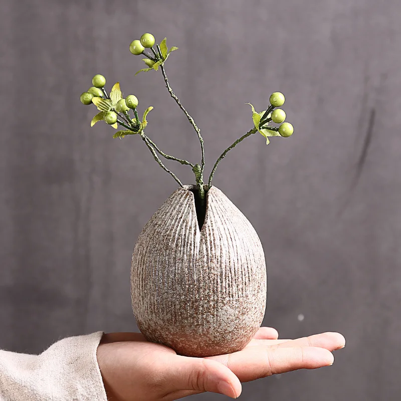 Japanese Style Terracotta Vase Imitation Stone Abstract Flower Arranger Table Top Vintage Ornament Living Room Flower Vase