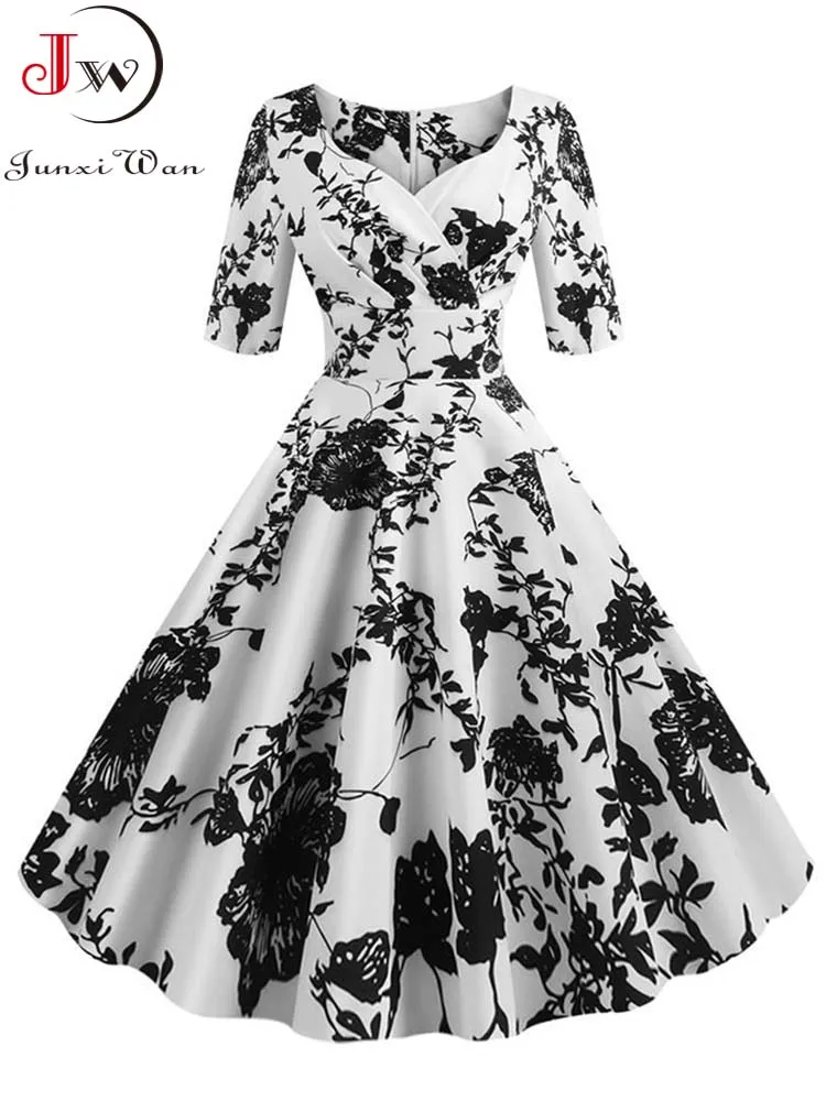 Half Sleeve Black Summer Women Dress Floral Print Vintage Party Dresses Robe Casual Retro A-Line Vestidos