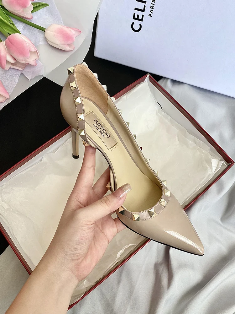 luxury Brand women's shoes Woman Sandals Summer Rivets High Heels Side empty Female Leather Fashion Prom Ladies shoes Women