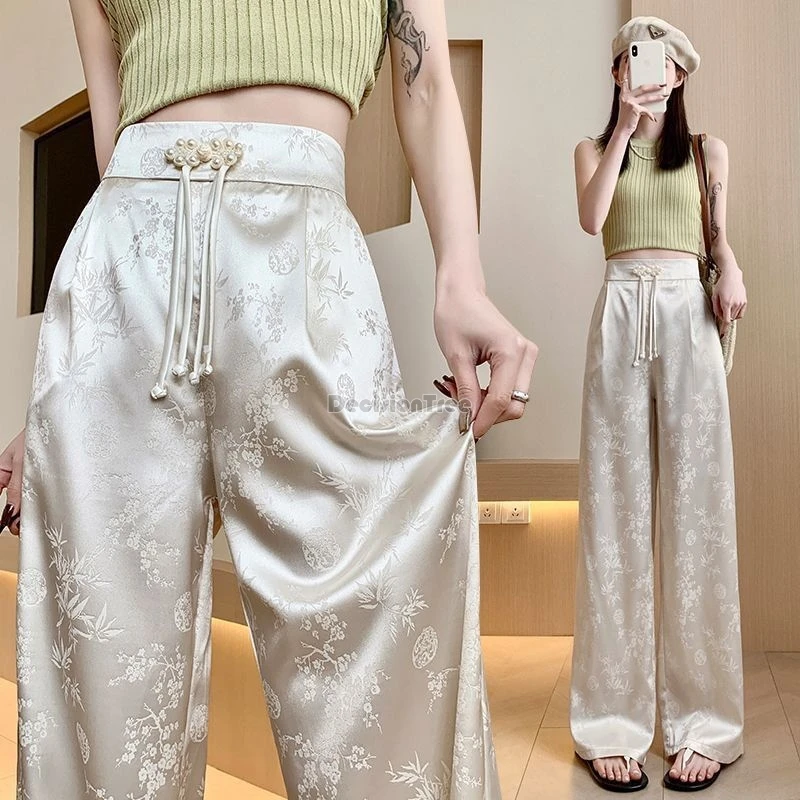 2026 new chinese style satin printed pants new fashionable design versatile wide leg pants lace up loose comfortable soft pants