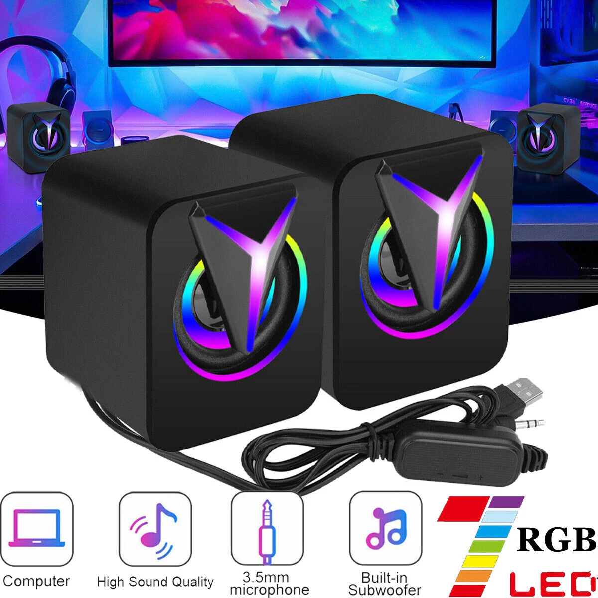 USB Wired Computer Speakers PC Sound Box HIFI Stereo 3.5mm Jack with RGB LED Light Game Speaker For Desktop Computer