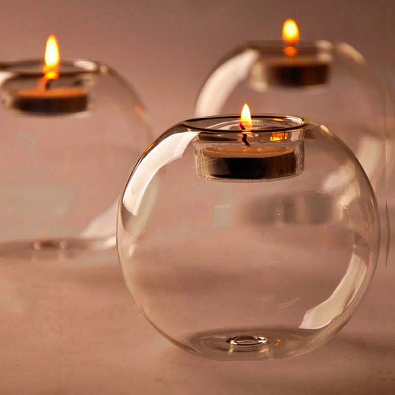 Transparent glass tea light holder, hollow round lamp, living room decoration, wedding decoration, home decoration