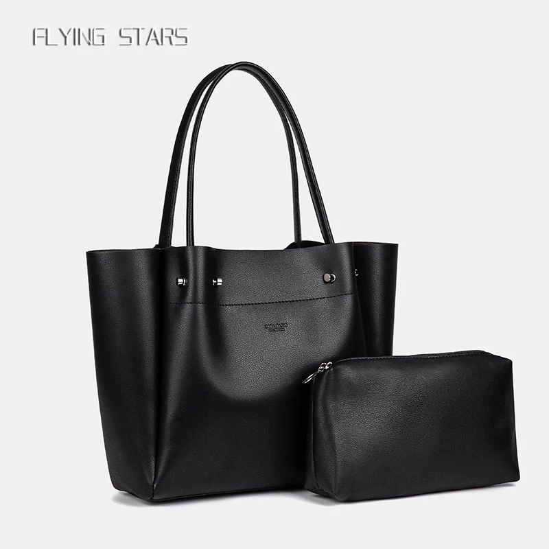FLYING STARS Brand Women's Handbag PU Leather Casual Tote Large Capacity Fashionable White Shoulder Bag Luxurious Black Tote Bag