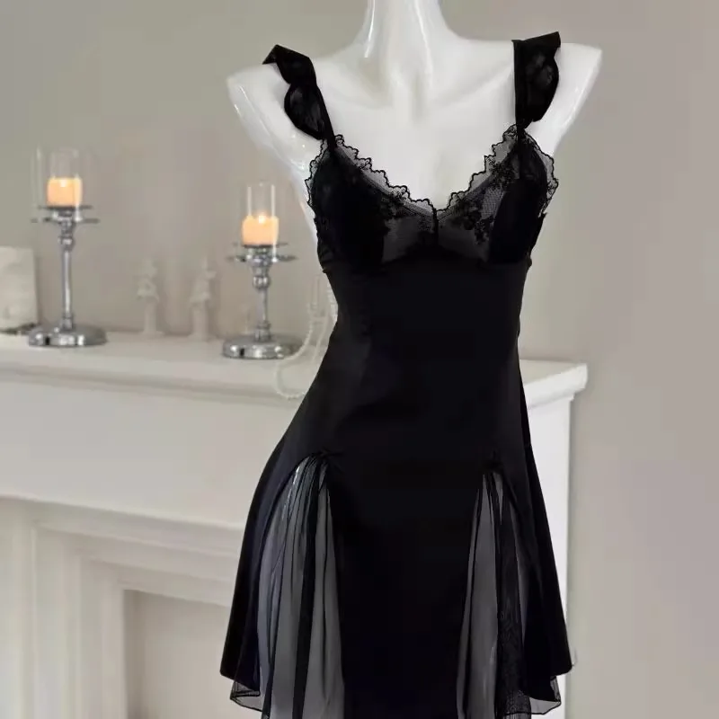 Sexy Lace High Slit Strapless Dress with Chest Pad Small Chest Sleep Dress Breathable V-neck No-sleeve Comfortable Polyester...