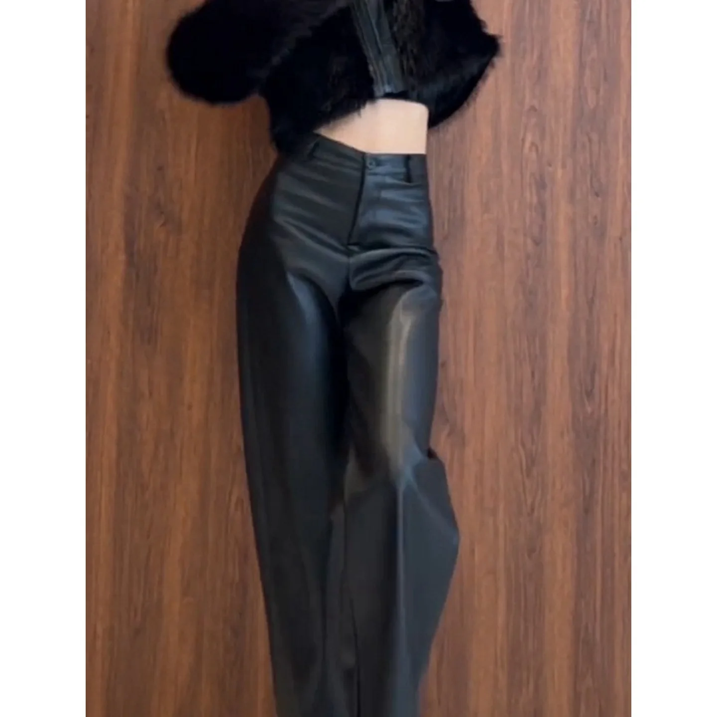 Black Casual PU Leather Pants Women's Loose Wide Leg Long Trousers Autumn Winter New Style Fashionable Slimming Floor-Length