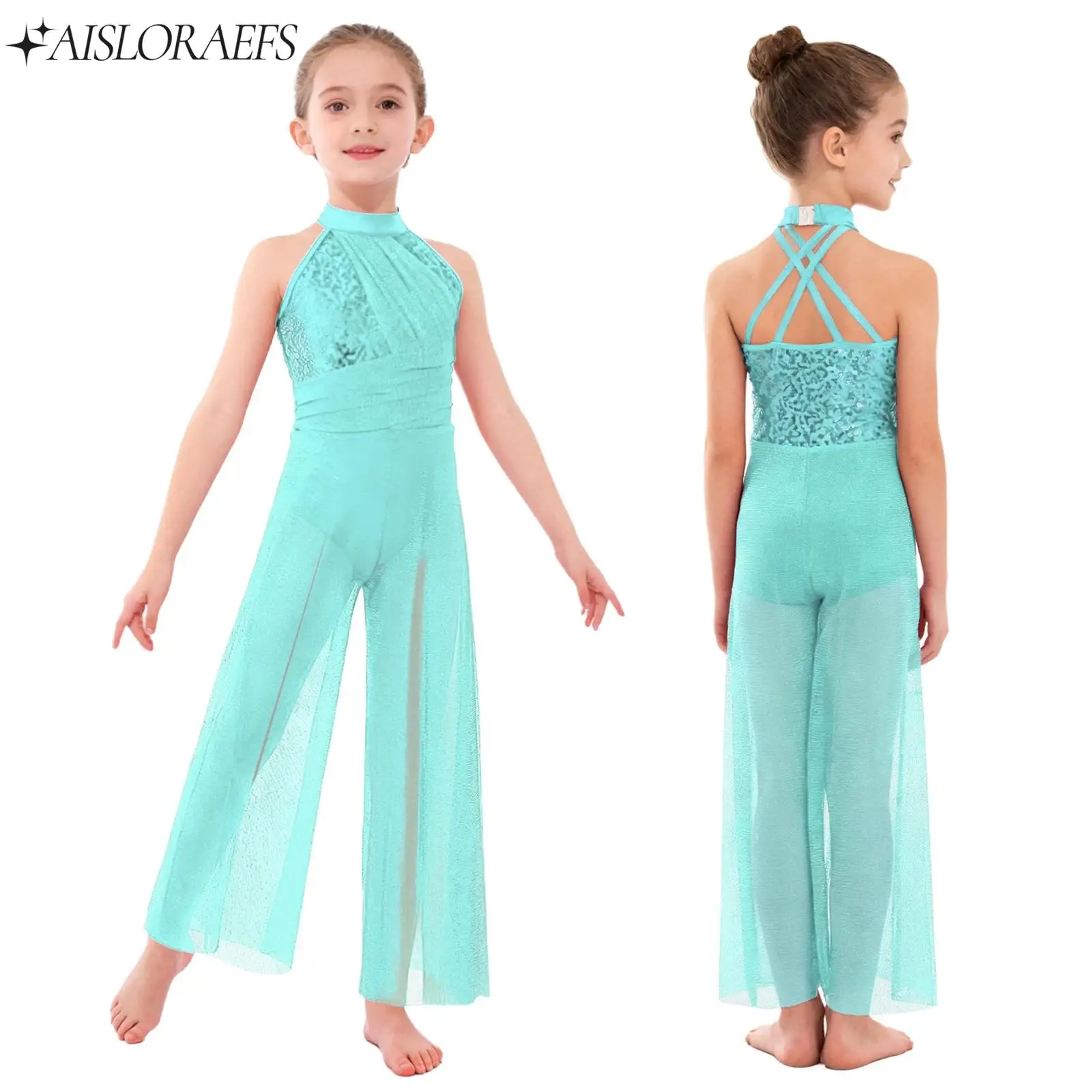 Sleeveless Lyrical Dance Jumpsuit for Girls Kids Modern Performance Costume Sequins Bodice Shimmery Mesh Split Wide-Leg Jumpsuit
