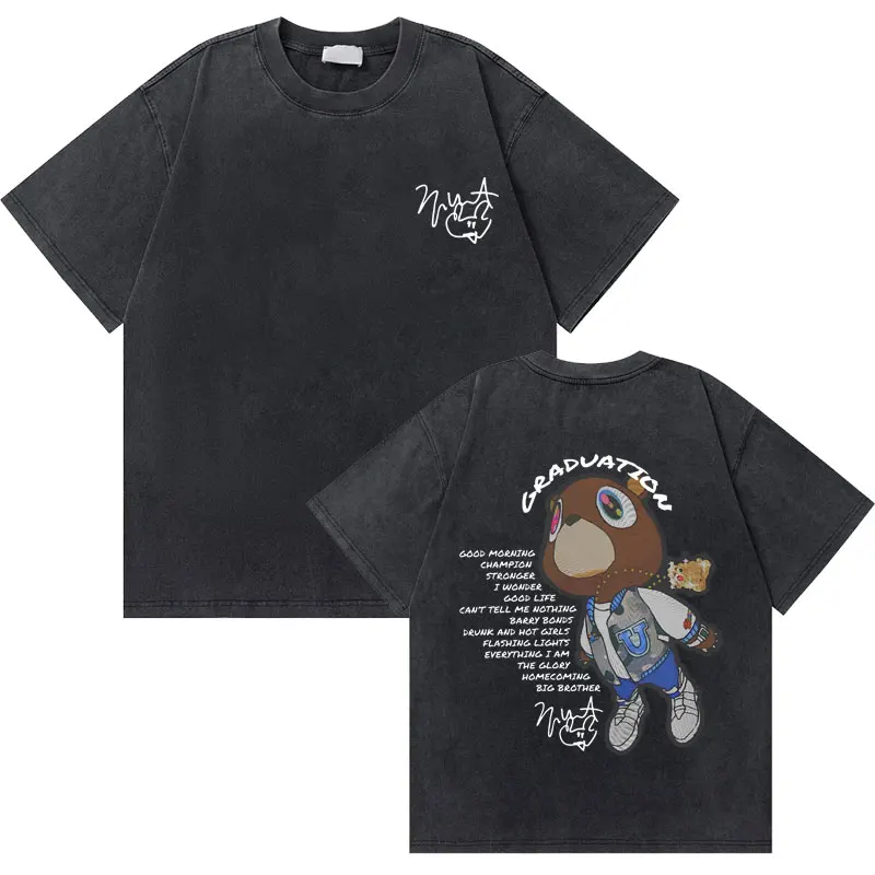 Washed Vintage Rapper Kanye West Graduation Bear Graphic T Shirt Men Pure Cotton T-shirt Men's Hip Hop Fashion Oversized Tshirt
