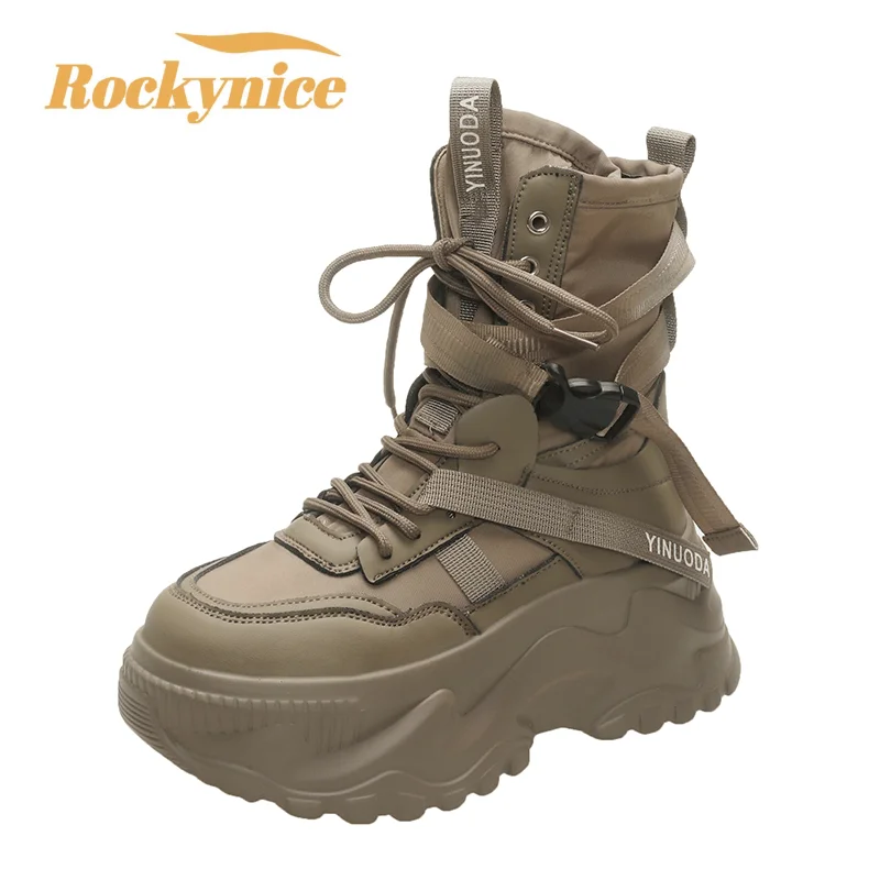 Women Ankle Boots Autumn Leather Chunky Shoes Woman High Platform Breathable Sneakers 8CM Thick Sole Wedges Motorcycles Boots