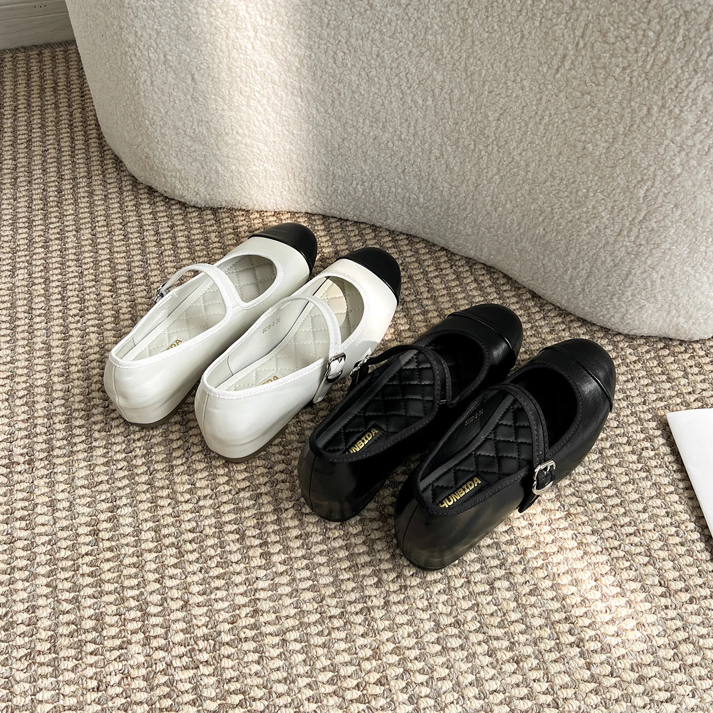 Fall 2025 Women's Mary Jane Shoes Color Block Interior Heightening Slip-On Casual Rubber Sole round Toe Leather Splicing