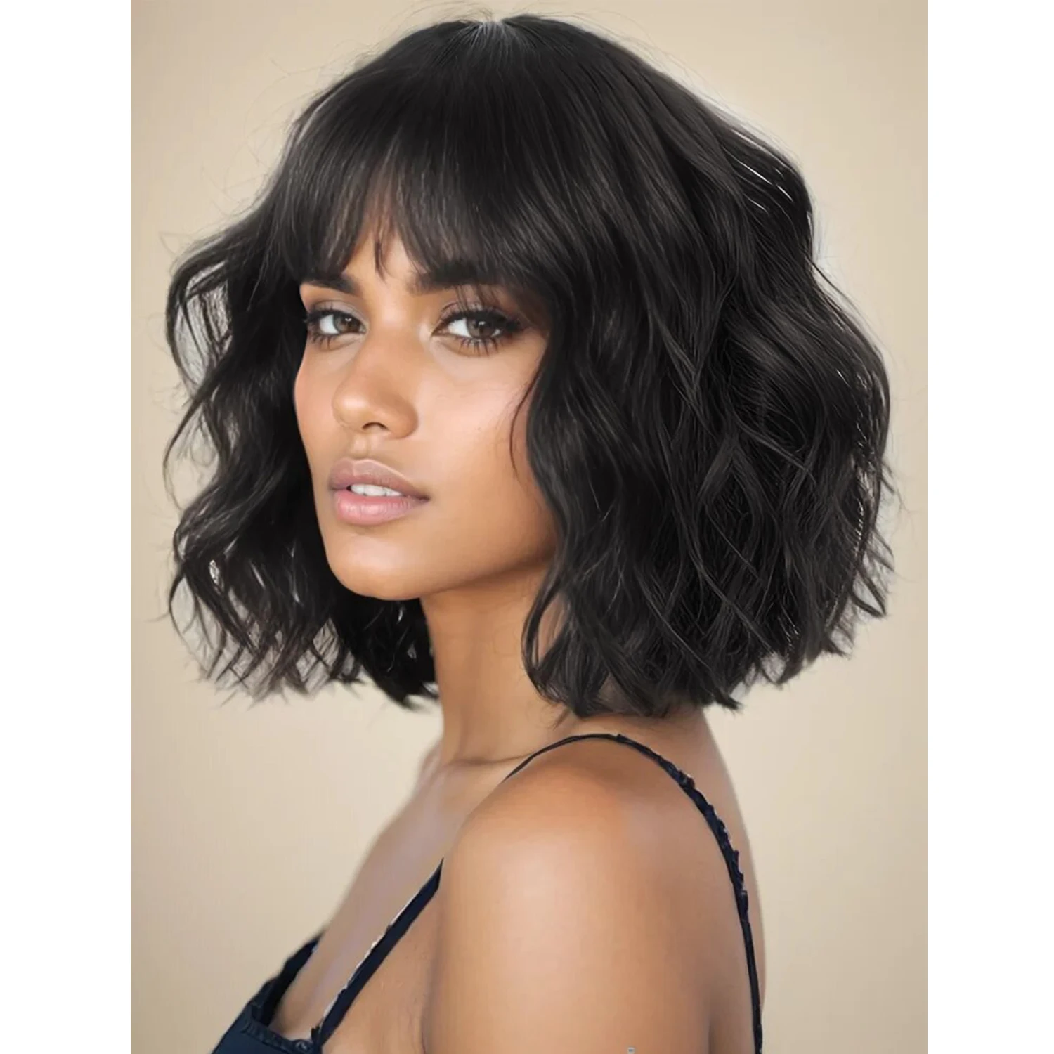 Synthetic Short Wavy Wig with Bangs Bob Short Charming Curly Wavy Wig Women Heat Resistant Fiber Hair for Women Girls