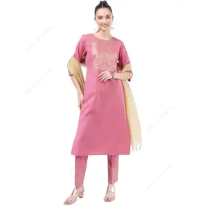 Indian/Pakistani Women's Pink Kurta 3-Piece Set Ethnic Outfit Salwar Kameez Suit Cotton Blend Tunic Pants with Dupatta