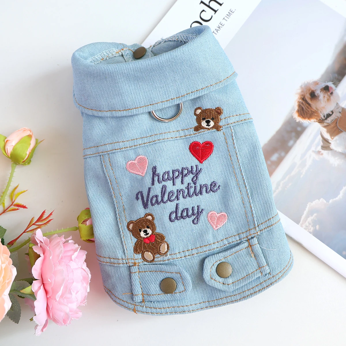 Valentine's Day Teddy Bear Pet Denim Vest, Light Blue with D-Ring, Sleeveless Button Jacket for Small Dogs & Cats, Spring/Summer