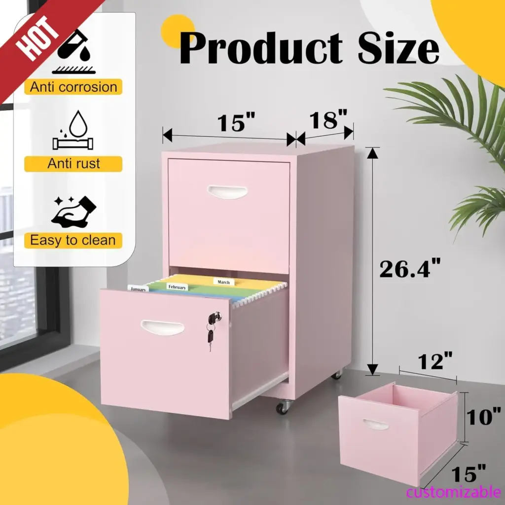 2 Drawer File Cabinet with Lock，Pink Rolling File Cabinet for Home Office,on Wheels for Hanging Letter