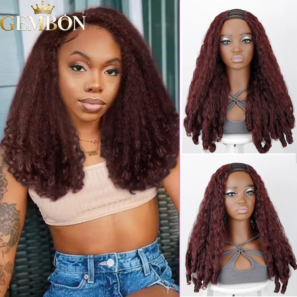 24 Inch 99j Burgundy Afro Kinky Straight V Part Wigs For Black Women Short Afro Yaki Straight Wigs With Headband Bouncy Curly