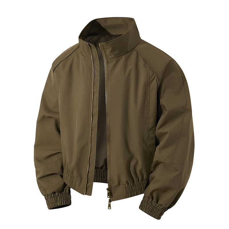 Men's Short Pure Color Cargo Jacket Spring Stand Collar Bread Coat High Street Youth Popular Basic Loose Fit Workwear Coats Men