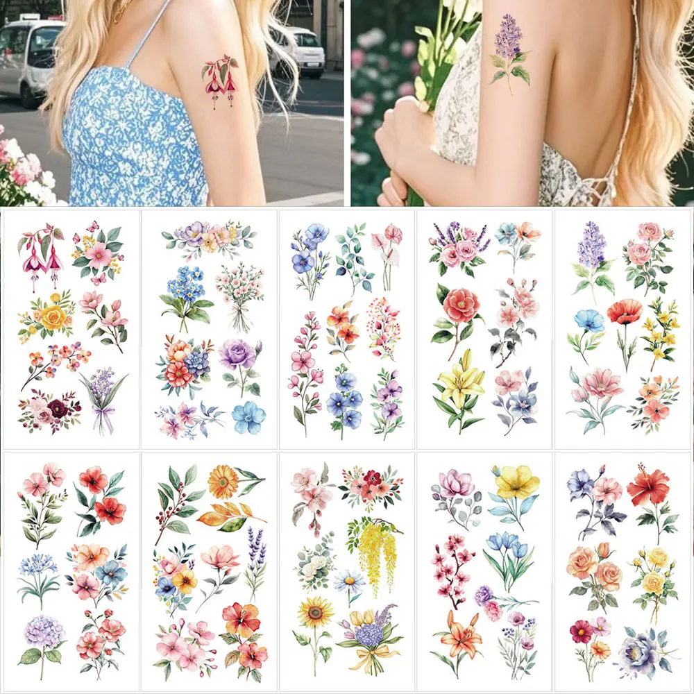 10pcs Flower Butterfly Snake Feather Waterproof Tattoo Sticker Women's Arm Facial Body Art Temporary Tattoo Fake Tattoo