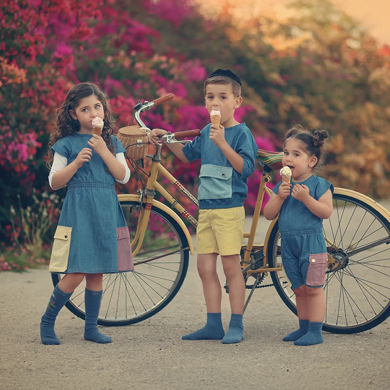 Family matching clothes contrasted pockets summer baby romper girls dresses boy tops denim blue short sleeve and long sleeve tee
