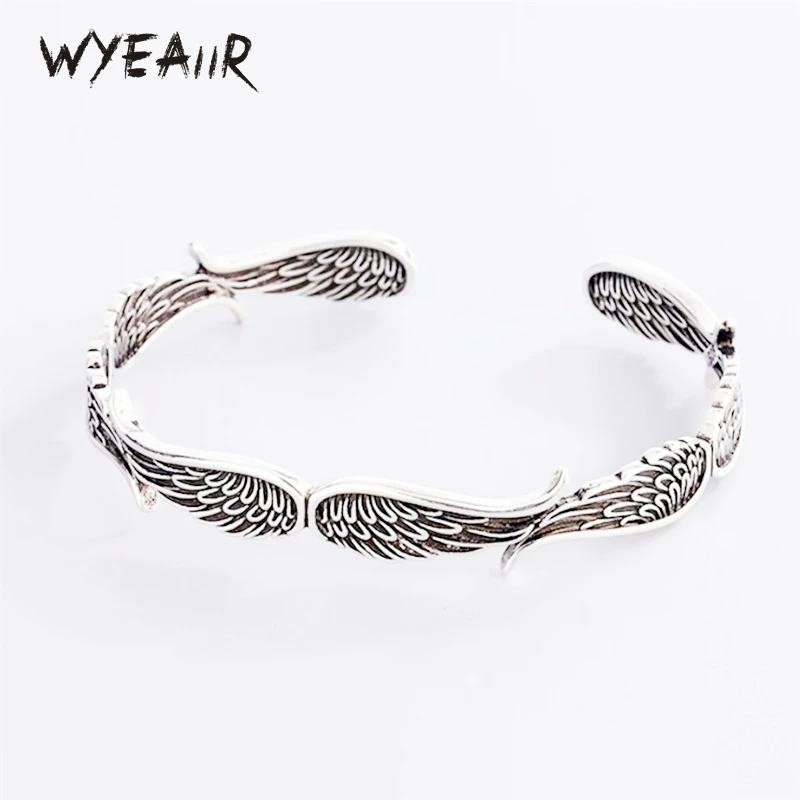WYEAIIR 925 Sterling Silver Vintage Angel Wings Jewelry Luxury Resizable Opening Female Bangle