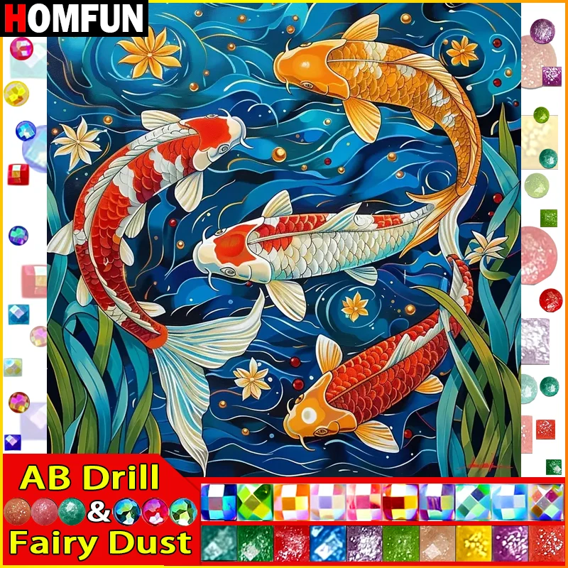 HOMFUN Fairy Dust AB 5D DIY Diamond Painting "Animal Fish Koi" Full Drill Resin Diamond Embroidery Cross Stitch Home Decor