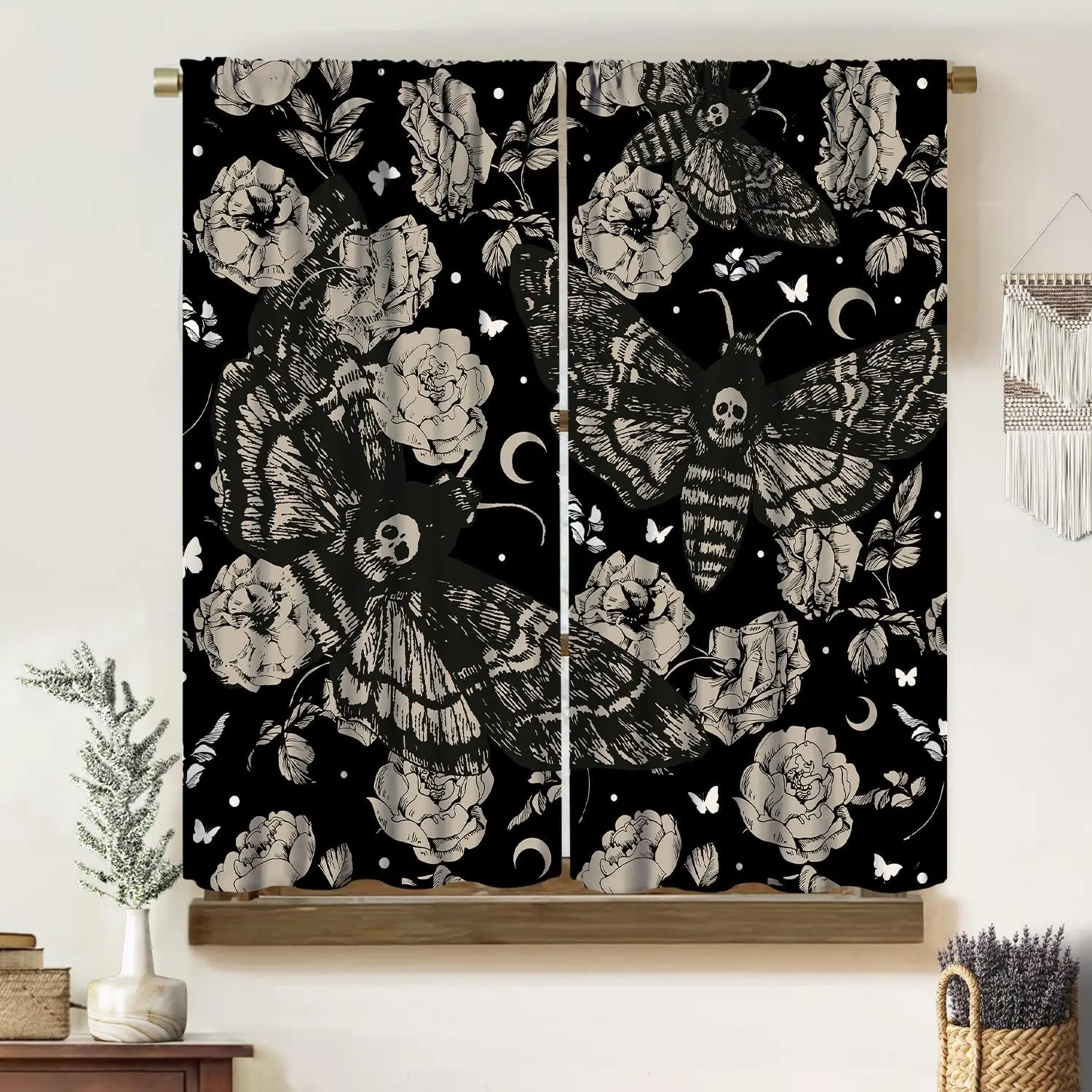 Gothic Floral Curtains, Vintage Sketch Skull Skeleton Moth Butterfly Rose Moon Seamless Pattern Window Treatments For Halloween